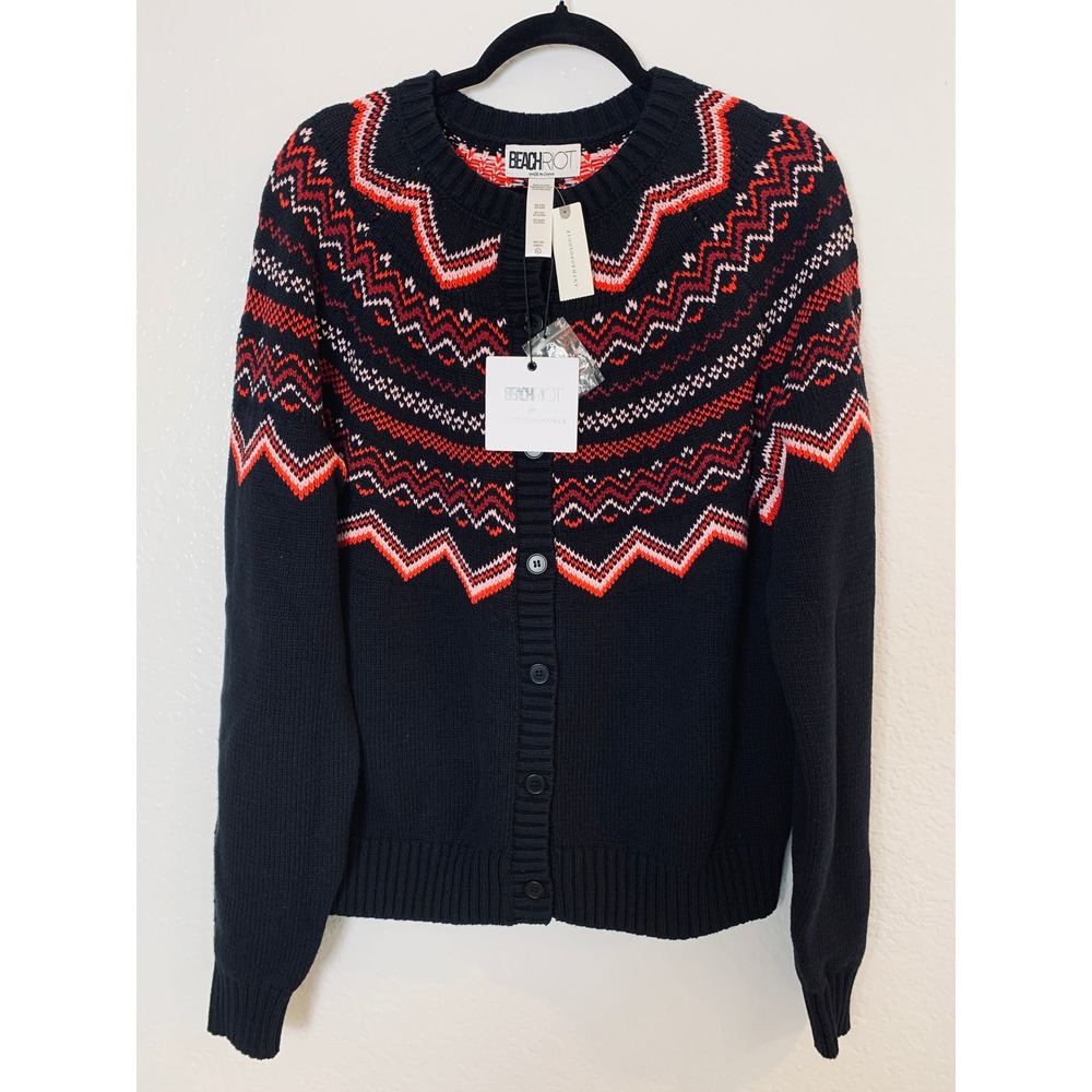 Beach Riot for Anthropologie Fair Isle Cardigan Sweater XL Black Red Pink NWT